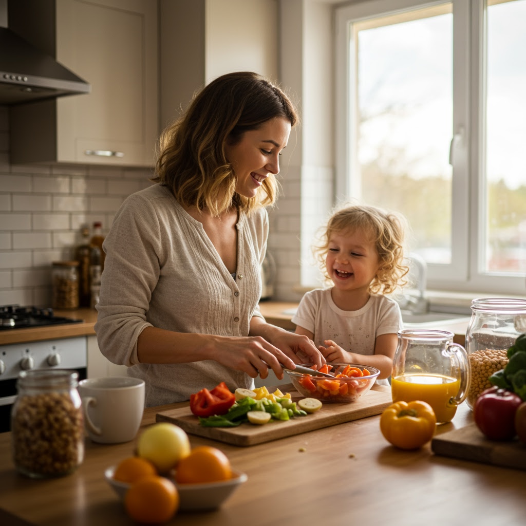 Mother and child preparing a healthy meal together